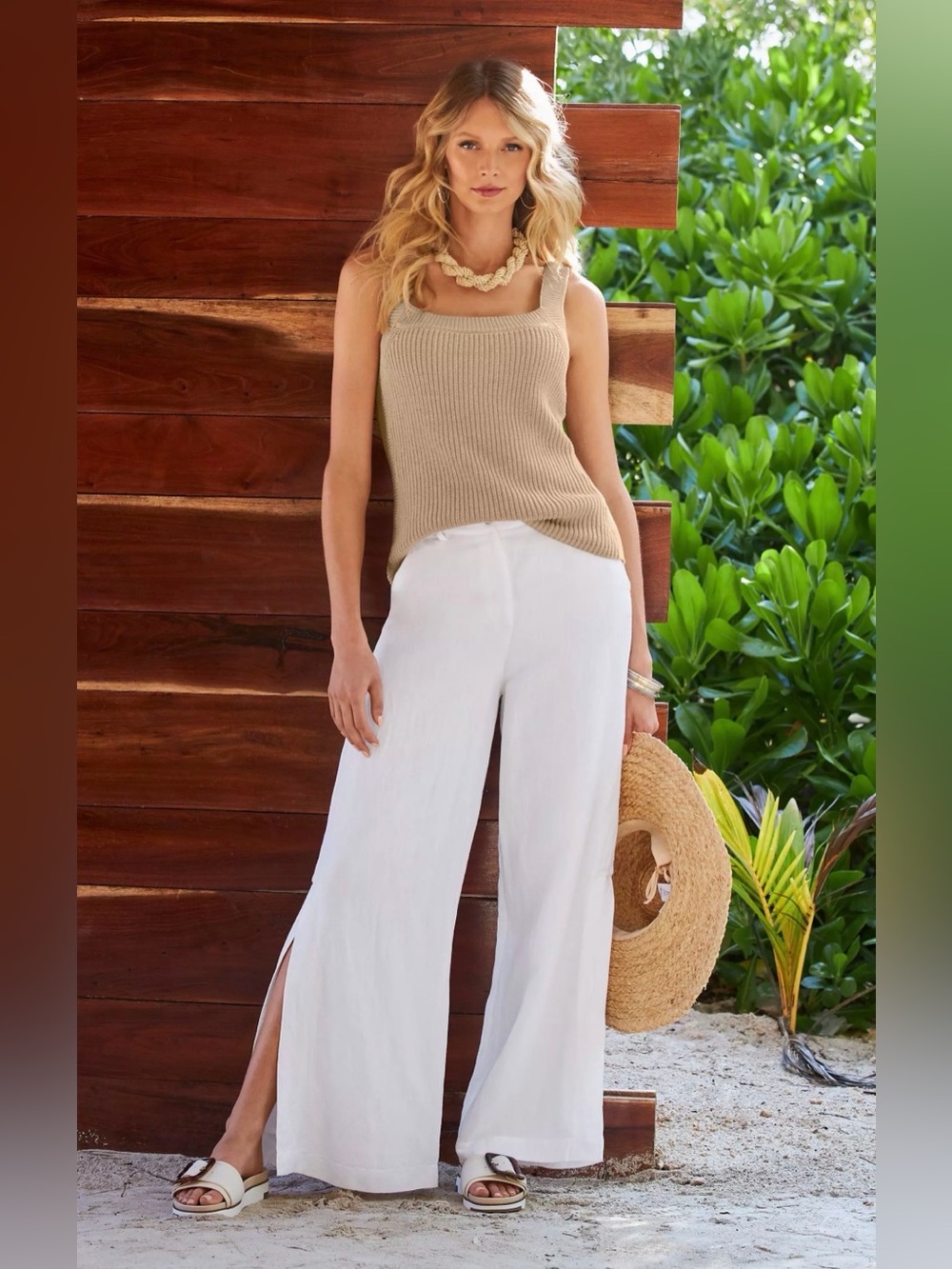 Boston Proper White Linen Wide Leg Side Slit Pants Size 6